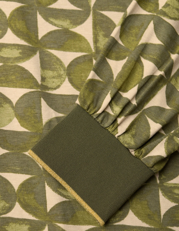 jersey tunic top with v neckline and elasticated cuffs, graphic print in sand and olive green