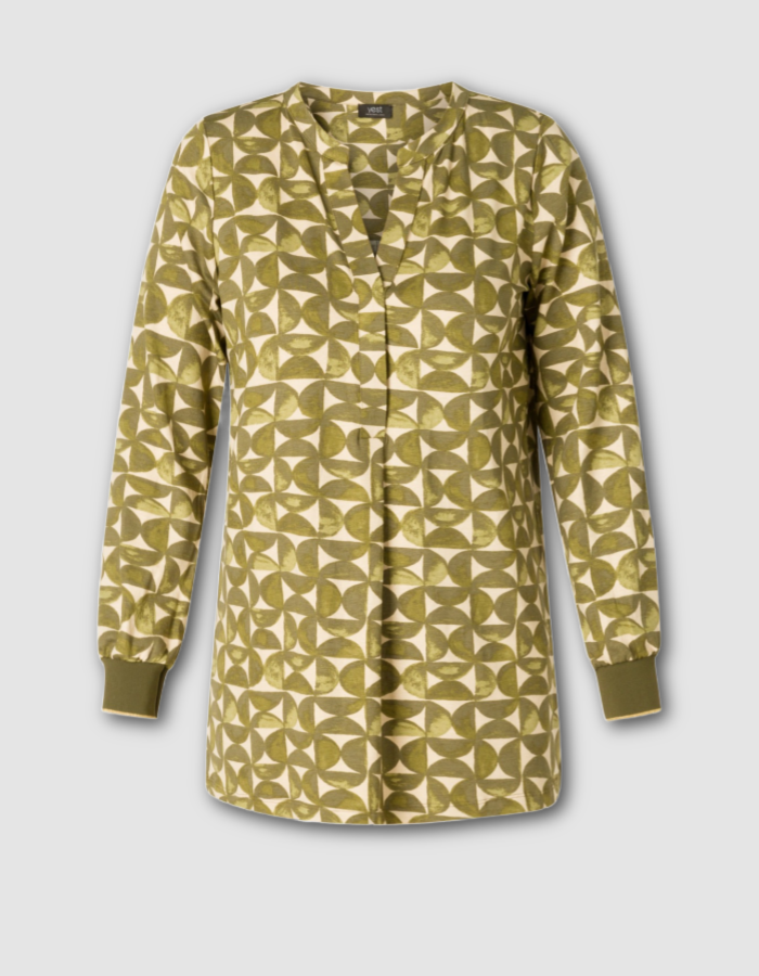 jersey tunic top with v neckline and elasticated cuffs, graphic print in sand and olive green