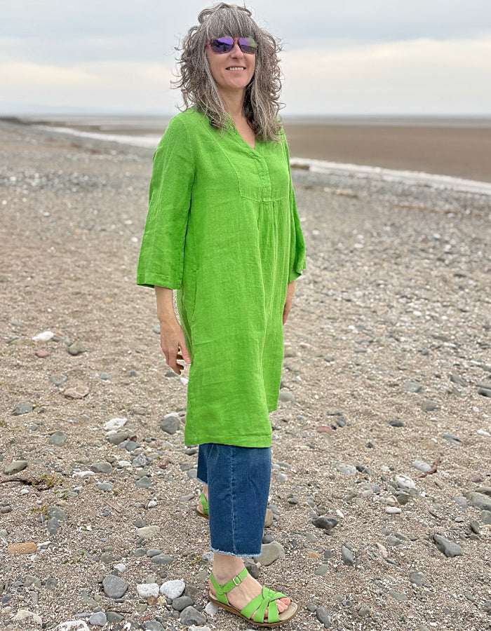 green linen tunic knee length with 3/4 length sleeves and V neck