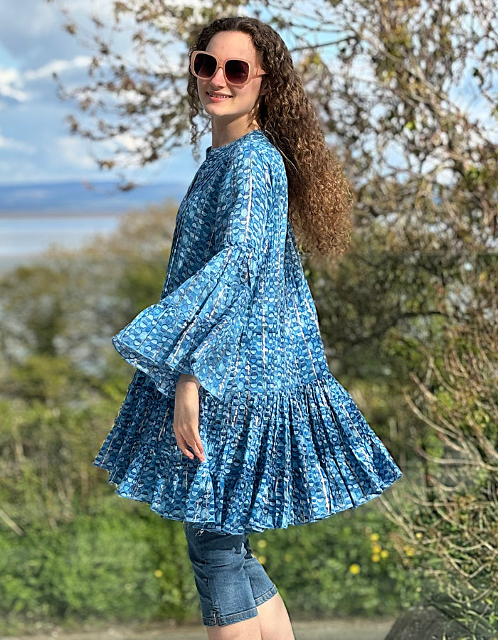 blue printed summer swing tunic with flared sleeves and button down front to the waist