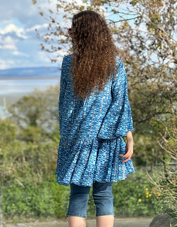 blue printed summer swing tunic with flared sleeves and button down front to the waist