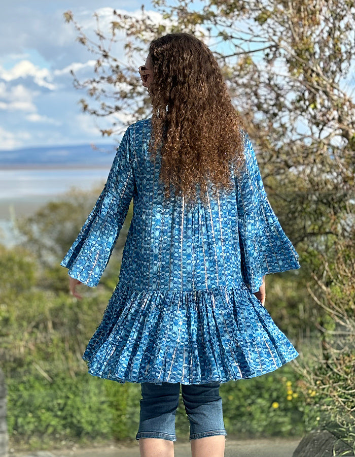 blue printed summer swing tunic with flared sleeves and button down front to the waist
