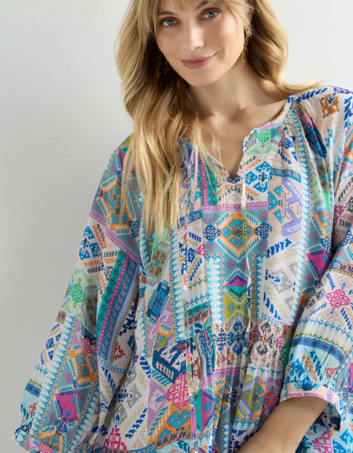 easy style loose fit summer dress with 3/4 length sleeves and a loose flow fit in a soft pastel bright
