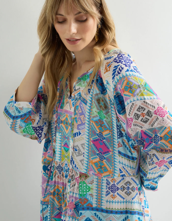 easy style loose fit summer dress with 3/4 length sleeves and a loose flow fit in a soft pastel bright