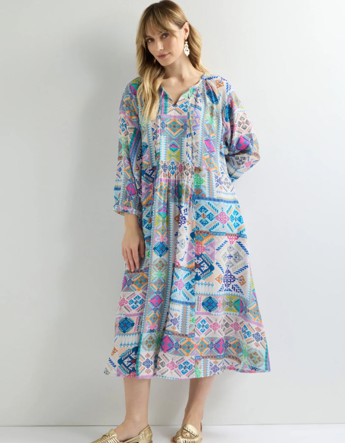 easy style loose fit summer dress with 3/4 length sleeves and a loose flow fit in a soft pastel bright