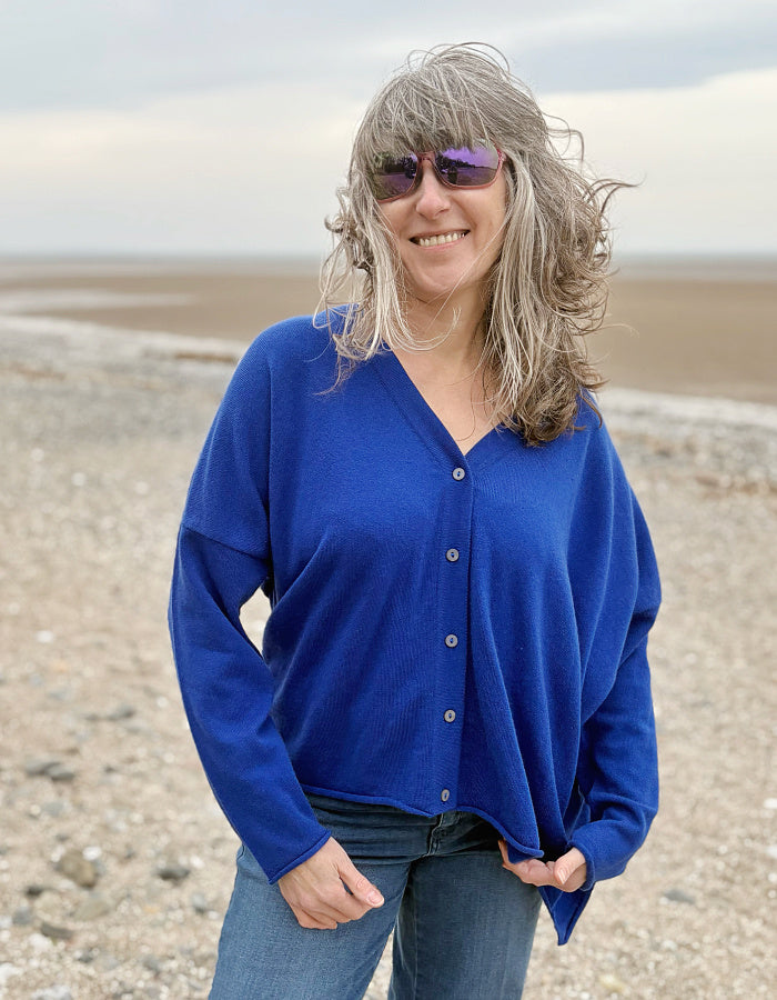 cashmere cobalt blue wide fit cardigan oversized with V neckline