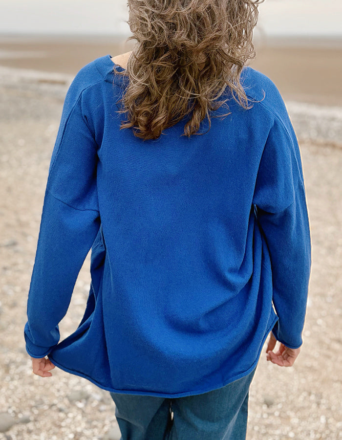 cashmere cobalt blue wide fit cardigan oversized with V neckline