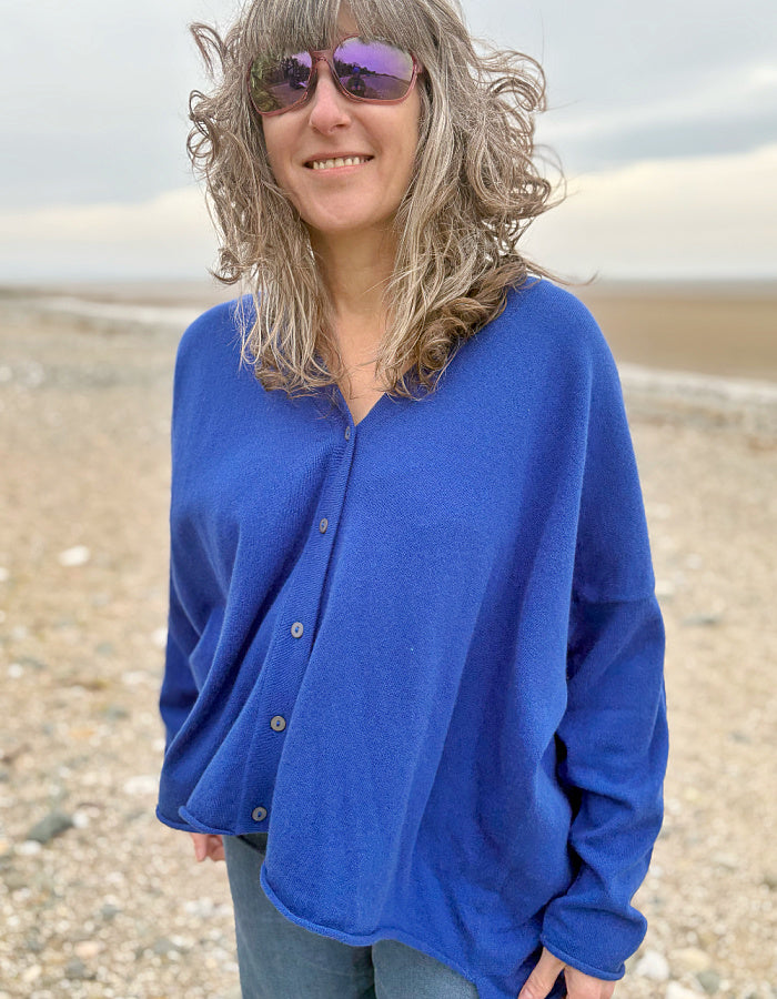 cashmere cobalt blue wide fit cardigan oversized with V neckline