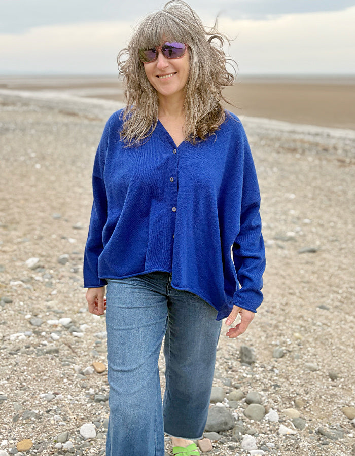 cashmere cobalt blue wide fit cardigan oversized with V neckline