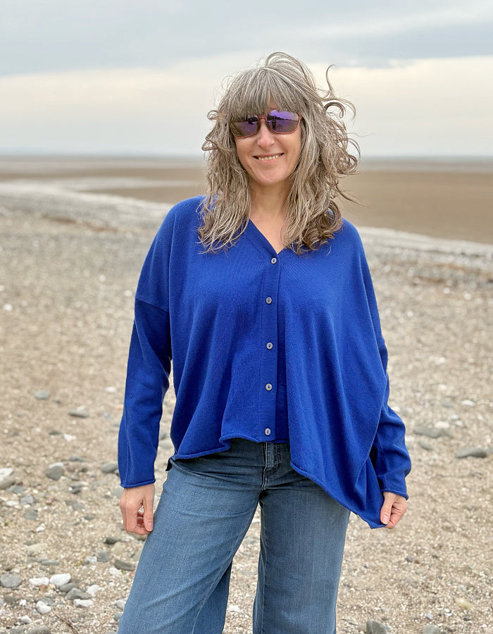 cashmere cobalt blue wide fit cardigan oversized with V neckline
