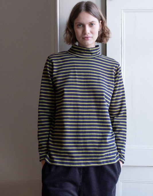 navy and green striped long sleeve turtle neck t shirt