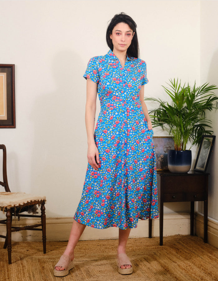 blue and poppy print cotton midi length tea dress