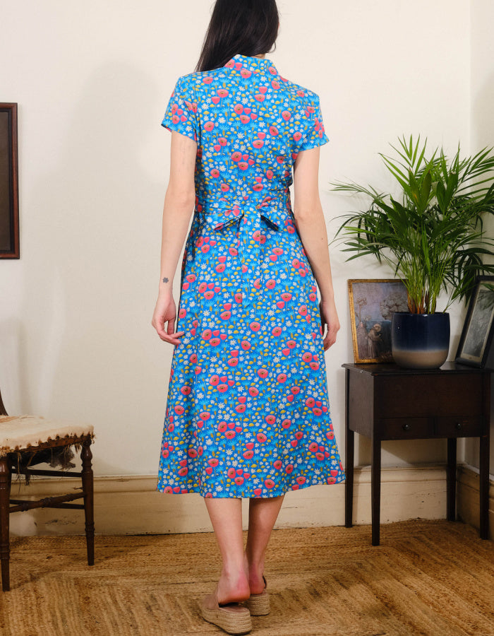 blue and poppy print cotton midi length tea dress