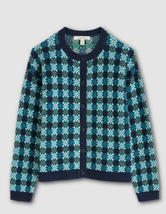 Blue and green checkered cardigan on a light gray background