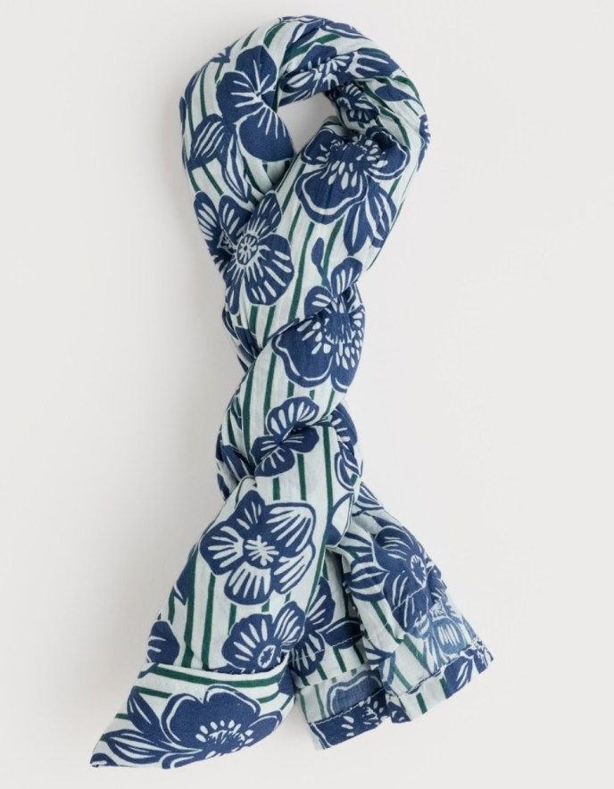 Blue and green floral patterned shirt tied up on a white background