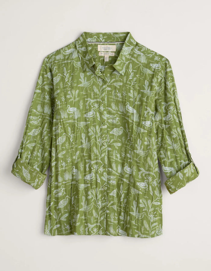 cotton crinkle shirt in mossy green with white bird print. roll up for convenience