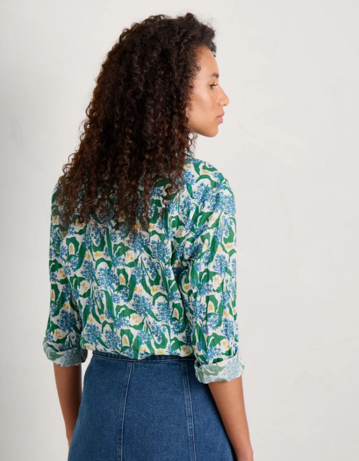 seasalt cotton crinkle shirt in green blue and yellow floral print