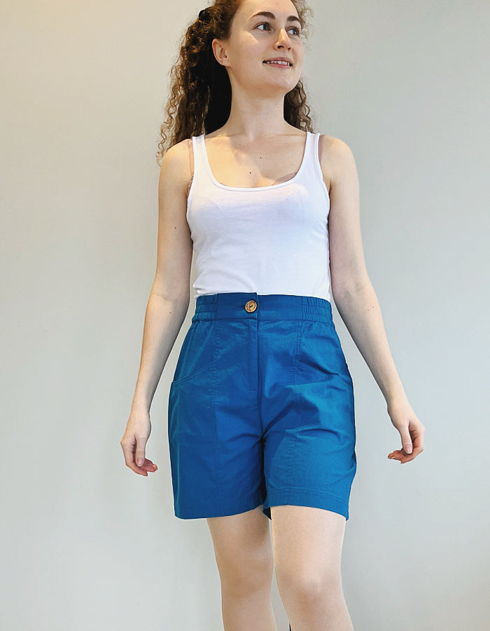 teal blue linen shorts