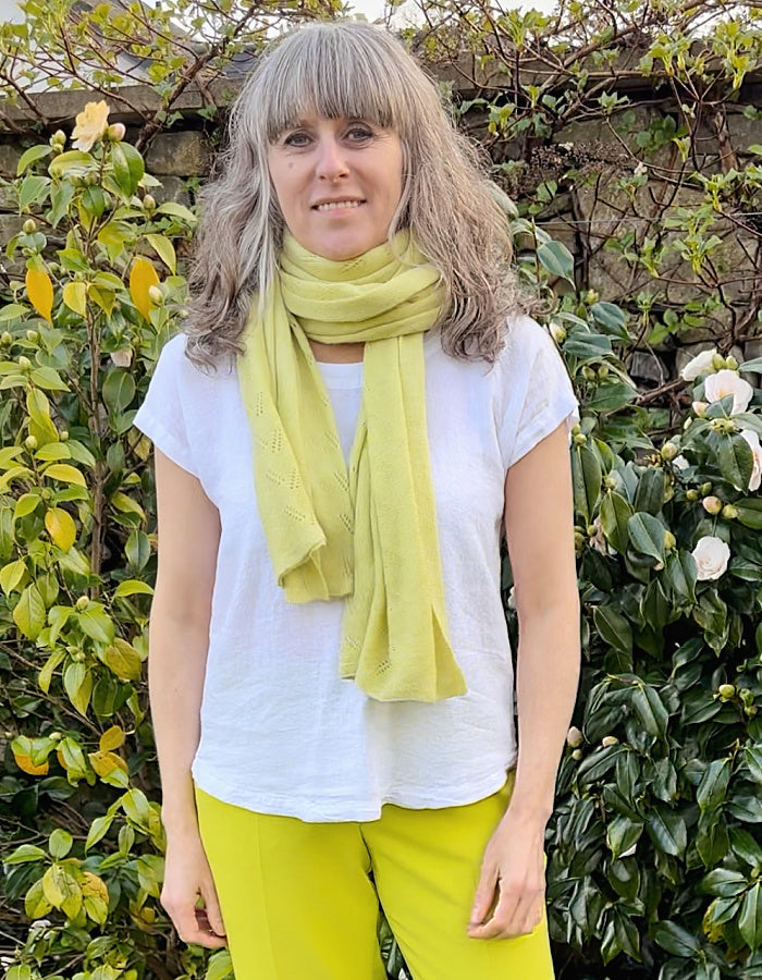 soft lemon cashmere wool blend scarf with delicate lace stitch design