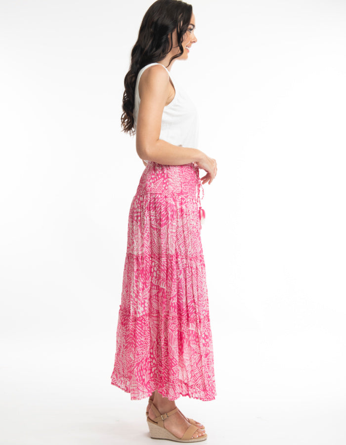 pink and white crinkle cotton maxi skirt with deep smocked elasticated waistband and toggle ties