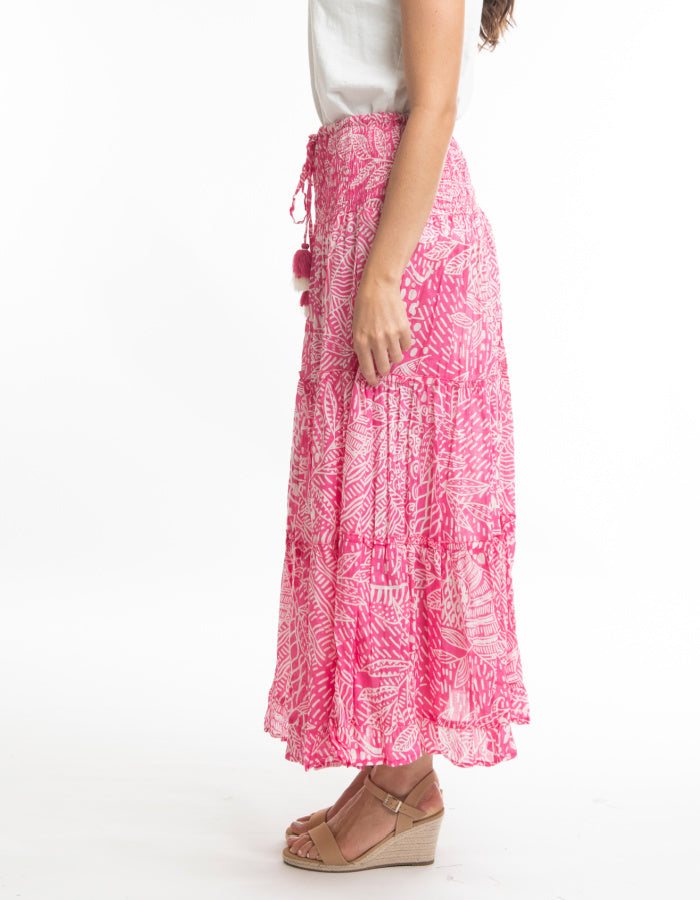 pink and white crinkle cotton maxi skirt with deep smocked elasticated waistband and toggle ties