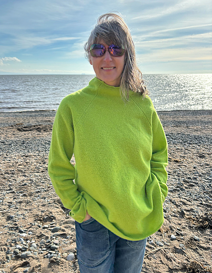 lime merino lambswool raglan smock shaped jumper with roll over turtle neckline and rolled cuffs and hem. loose fit, easy style