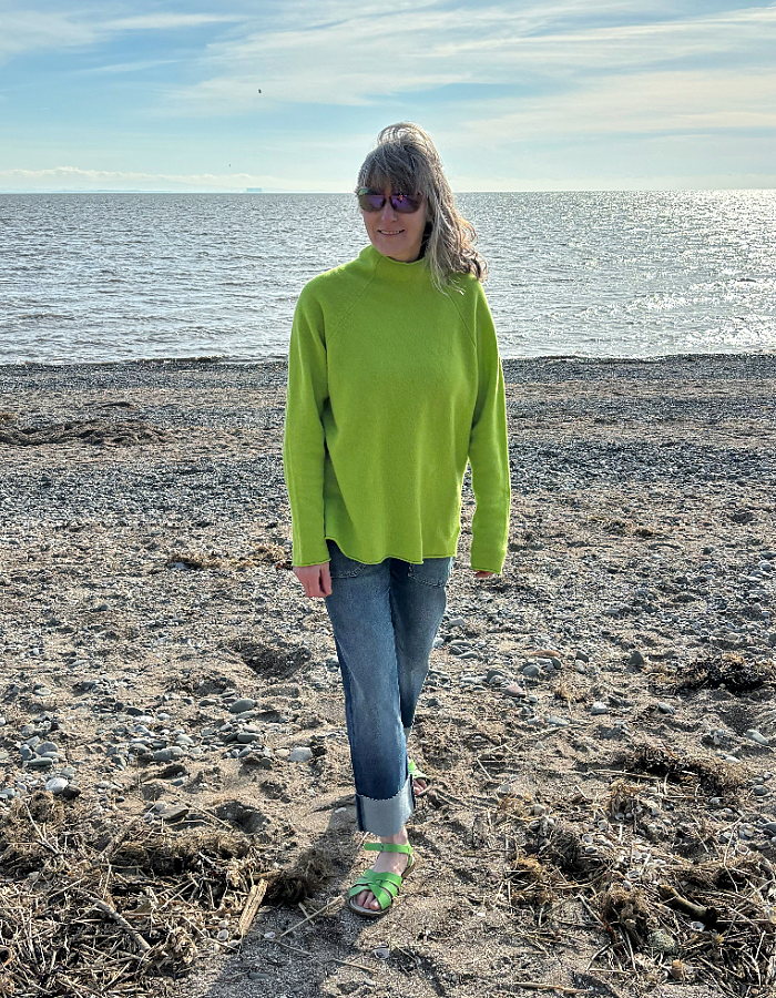 lime merino lambswool raglan smock shaped jumper with roll over turtle neckline and rolled cuffs and hem. loose fit, easy style