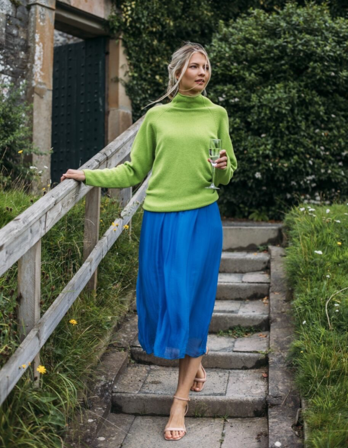 lime merino lambswool raglan smock shaped jumper with roll over turtle neckline and rolled cuffs and hem. loose fit, easy style