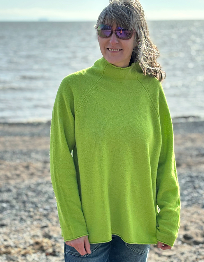 lime merino lambswool raglan smock shaped jumper with roll over turtle neckline and rolled cuffs and hem. loose fit, easy style