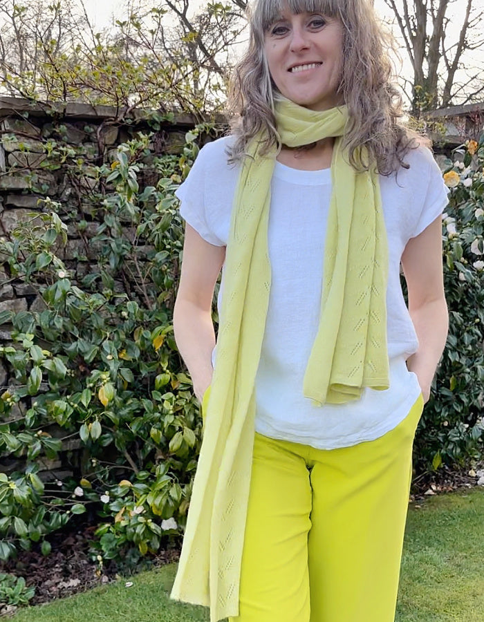 soft lemon cashmere wool blend scarf with delicate lace stitch design