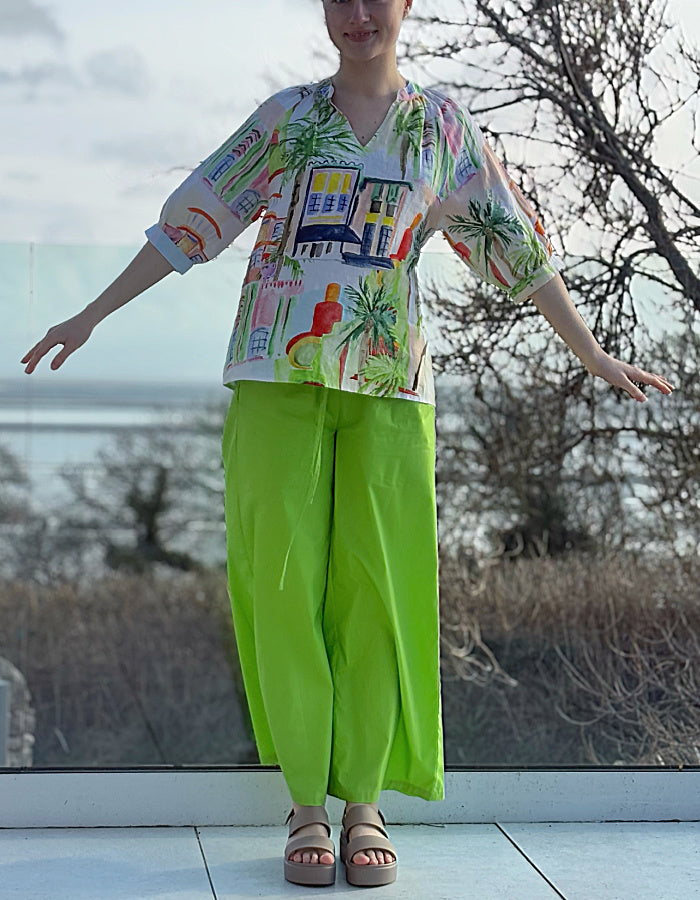 Kaleido Key Lime Cotton Wide Leg Trousers