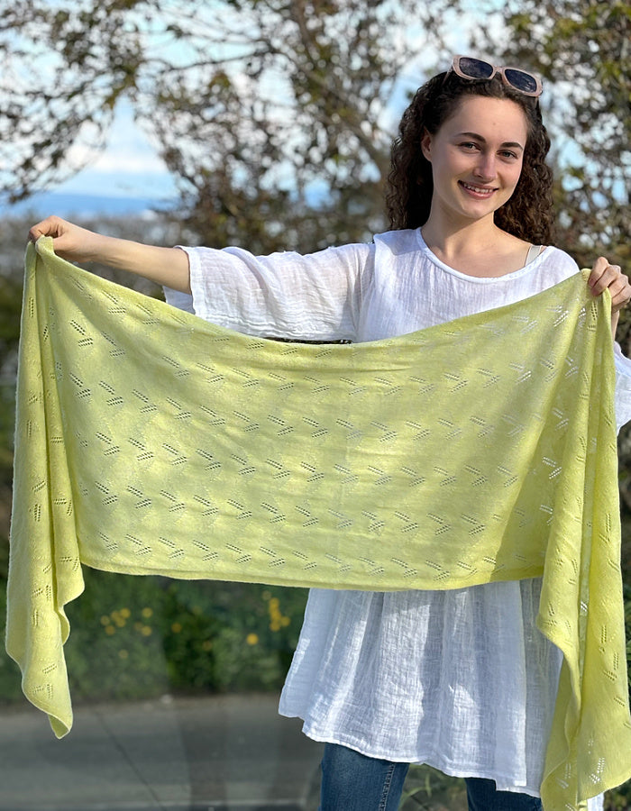 soft lemon cashmere wool blend scarf with delicate lace stitch design