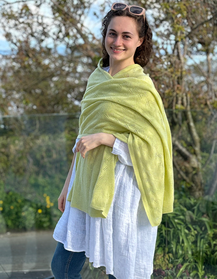 soft lemon cashmere wool blend scarf with delicate lace stitch design
