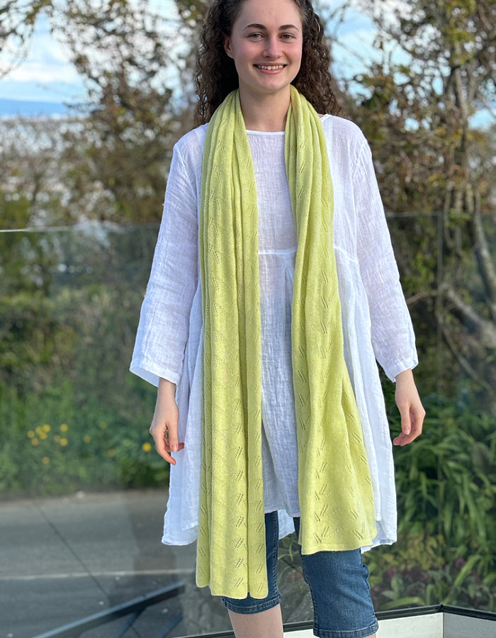 soft lemon cashmere wool blend scarf with delicate lace stitch design