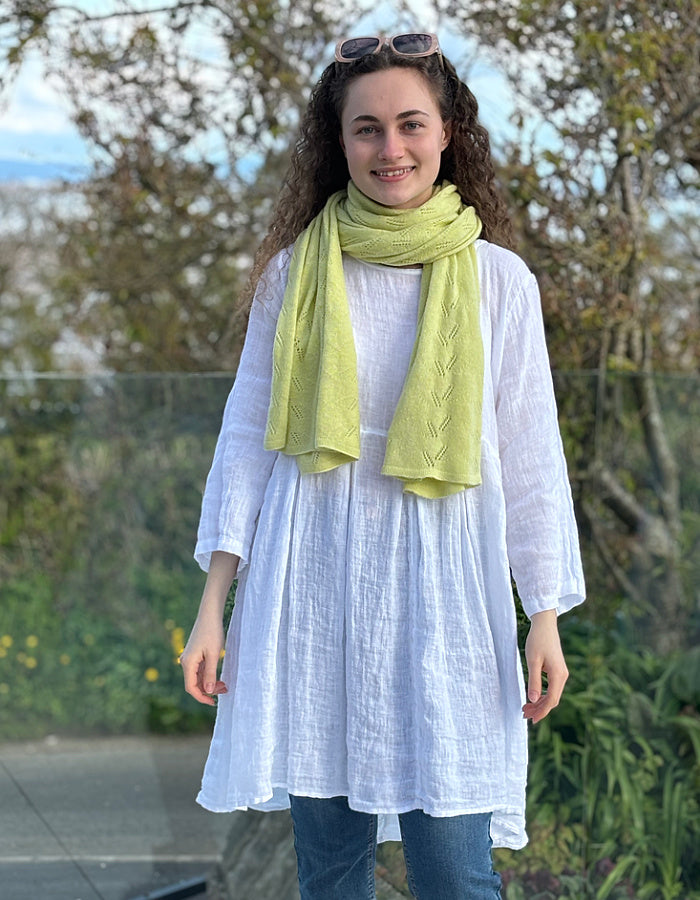 soft lemon cashmere wool blend scarf with delicate lace stitch design