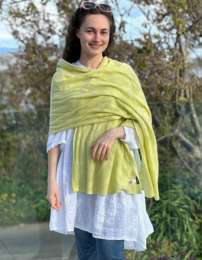 soft lemon cashmere wool blend scarf with delicate lace stitch design