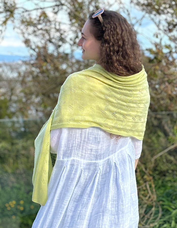 soft lemon cashmere wool blend scarf with delicate lace stitch design