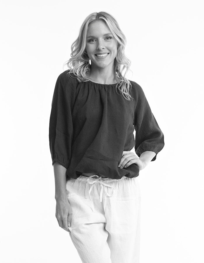 linen boho top with 3/4 sleeves and elasticated neckline to wear on off off the shoulder in black