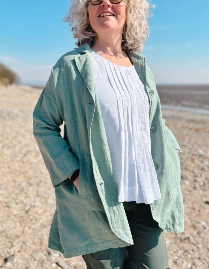 Vetono Linen Duster Jacket in Soft Sage