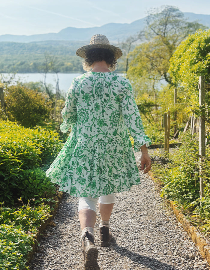 short flared summer dress in green and white floral cotton, perfect over capris or leggings or over a swimsuit