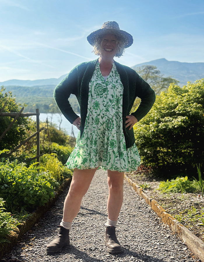 short flared summer dress in green and white floral cotton, perfect over capris or leggings or over a swimsuit
