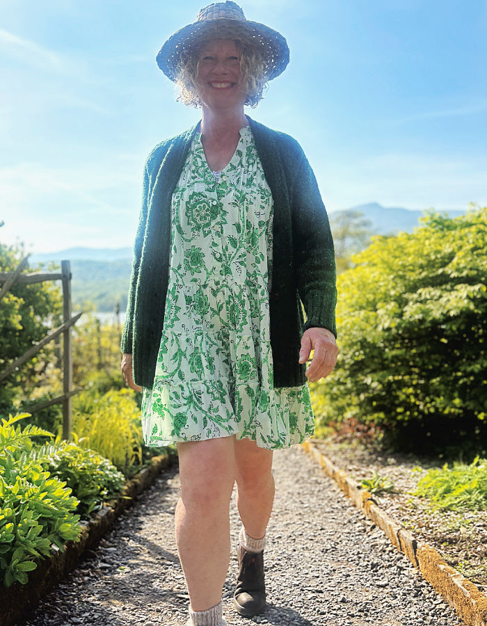 short flared summer dress in green and white floral cotton, perfect over capris or leggings or over a swimsuit