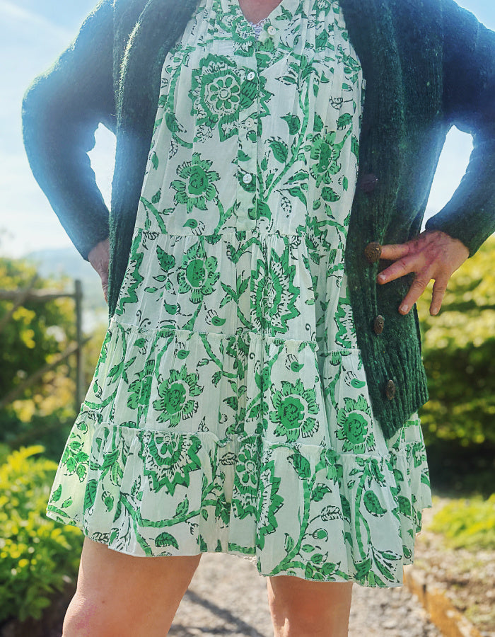 short flared summer dress in green and white floral cotton, perfect over capris or leggings or over a swimsuit
