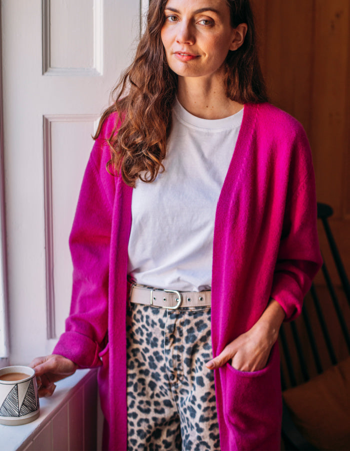 long wool open cardigan in hot pink