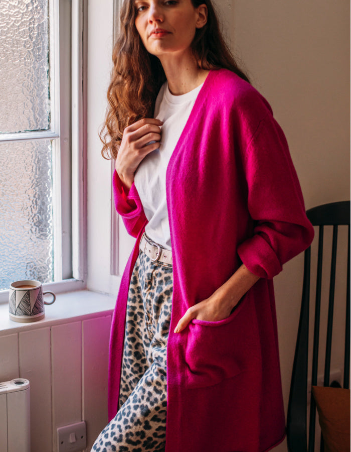 long wool open cardigan in hot pink