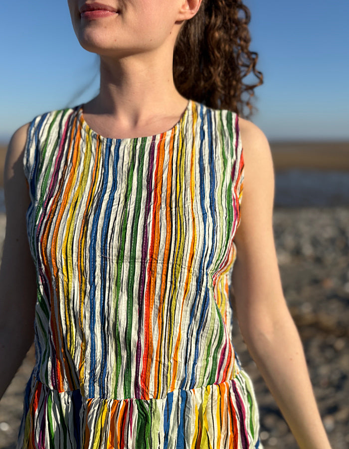 pleated pin tuck cotton sleeveless top with peplum in rainbow stripes