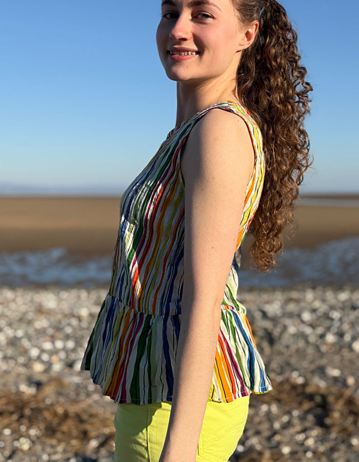 pleated pin tuck cotton sleeveless top with peplum in rainbow stripes