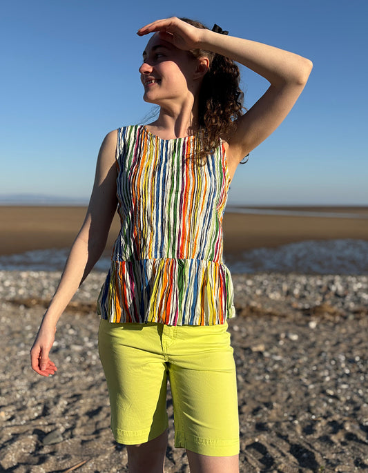 pleated pin tuck cotton sleeveless top with peplum in rainbow stripes