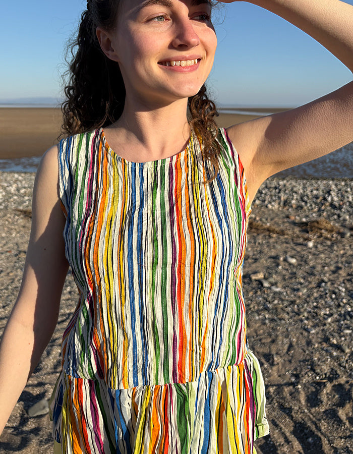 pleated pin tuck cotton sleeveless top with peplum in rainbow stripes