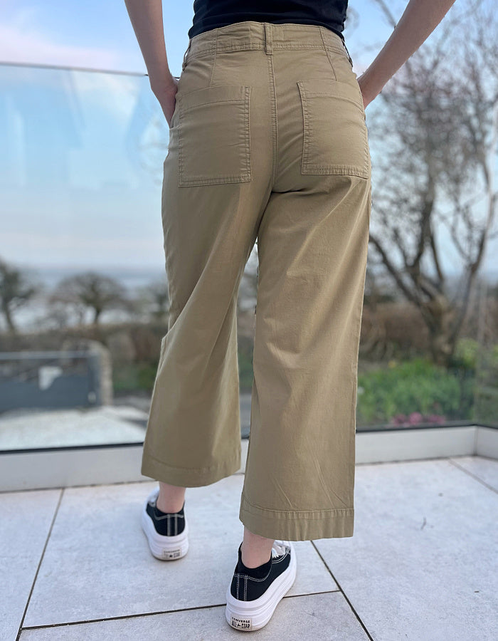 summer cotton twill culotte trousers with a wide leg and front and rear pockets in khaki